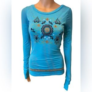 Free People Blue Hippie Boho Southwestern Aztec Floral Long Sleeve Stretch Shirt